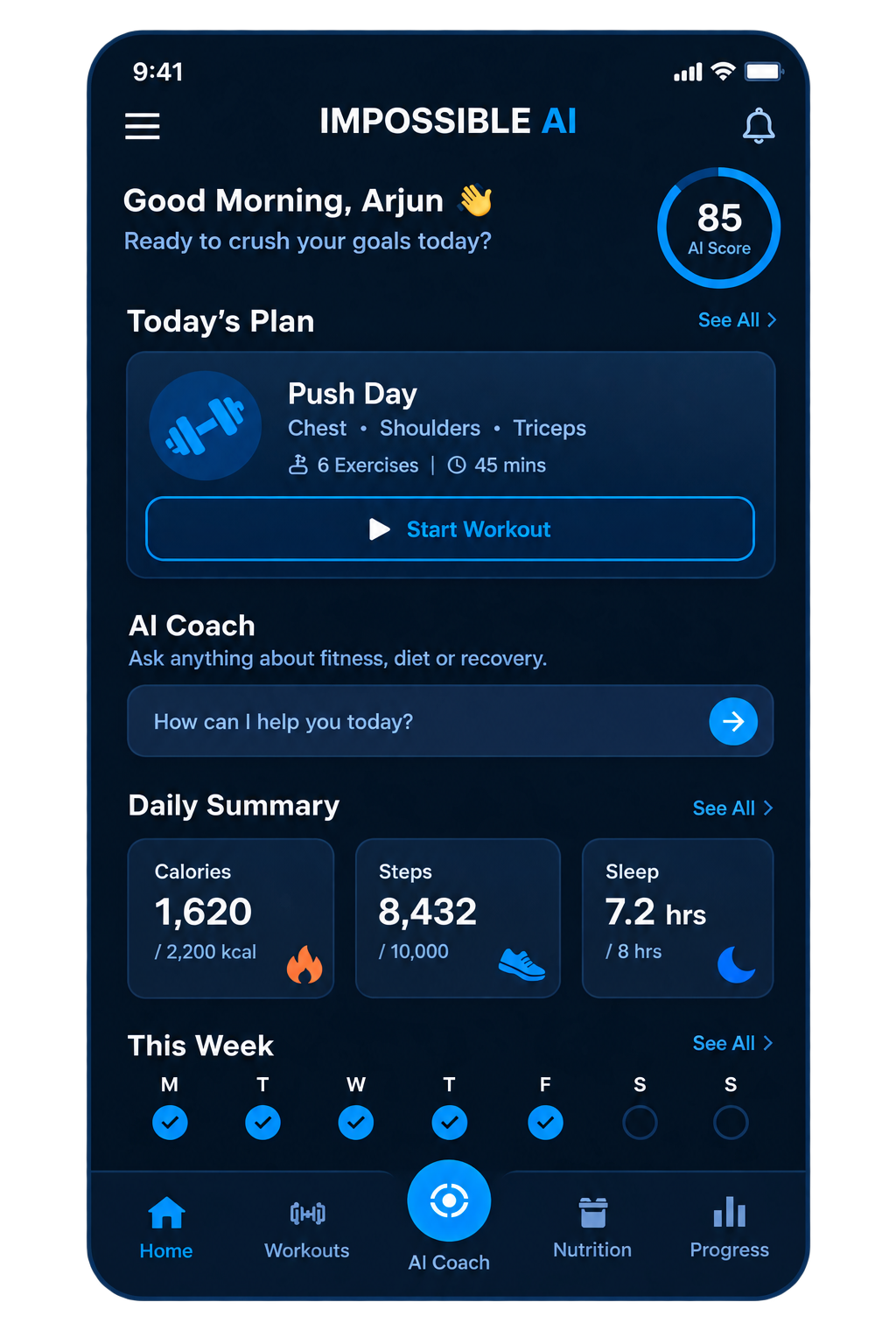 Impossible AI daily briefing screen